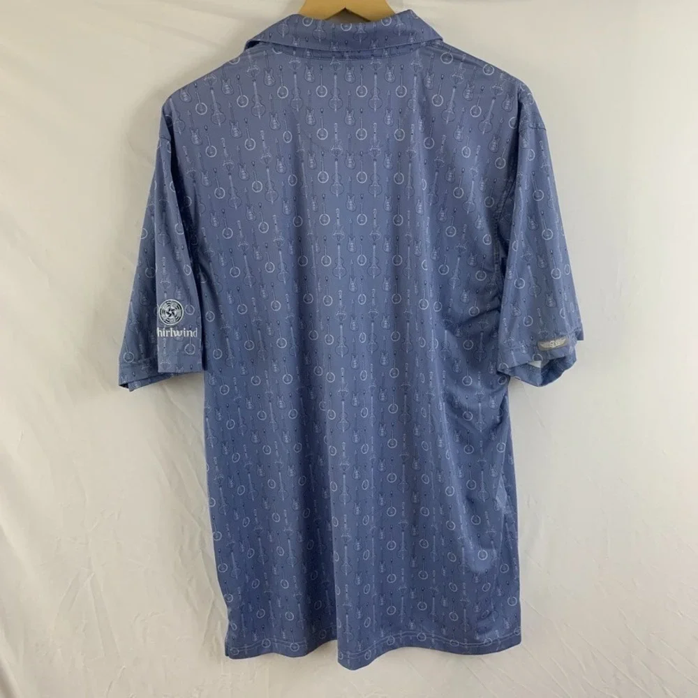 Straight Down‎ Performance Polo Shirt Mens L Blue Guitar Banjo Print Golf Logo